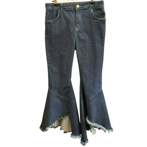 Zara Women's Bell Bottom Frayed Hem Denim Jeans Size Large Retro Style - Picture 1 of 5